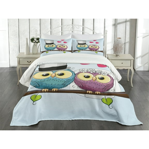 Ambesonne Owl Quilted Bedspread Set 3 Pcs, Cartoon Married Couple Fun, King Size, Purple Blue Pink