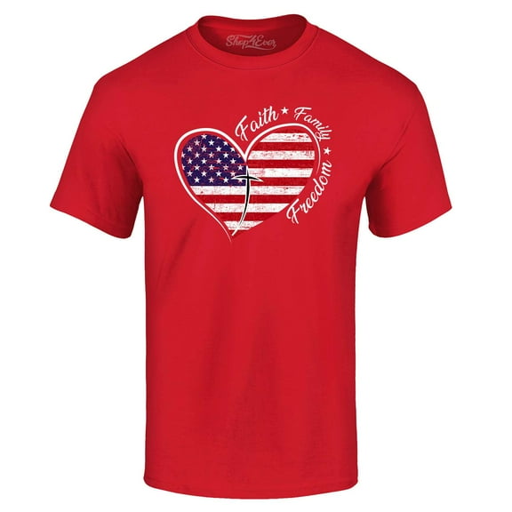 Shop4Ever Men's Faith Family Freedom American Flag Heart USA Graphic T-shirt Large Red