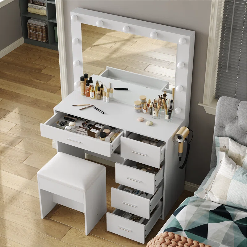 Vanity Desk With Power Outlet, Makeup Table With Lighted Mirror, 3-Color Adjustable Lighting, Drawers, Black Vanity Table Set For Women & Girls