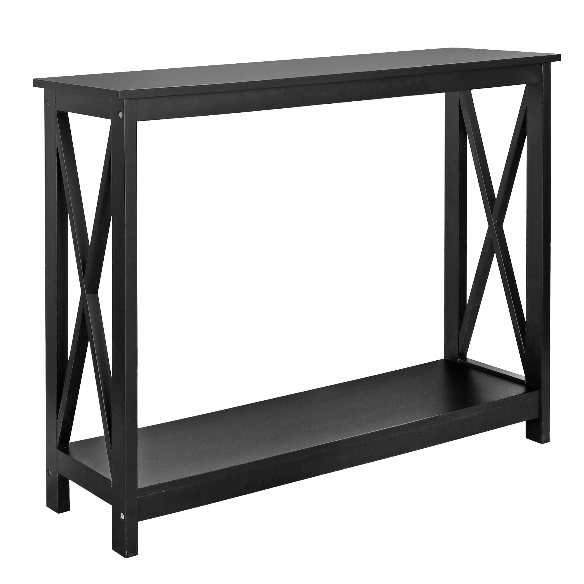 SuperDeal Black Console Table 2-Tier MDF Entryway Table X-Design Storage Display Shelf Indoor