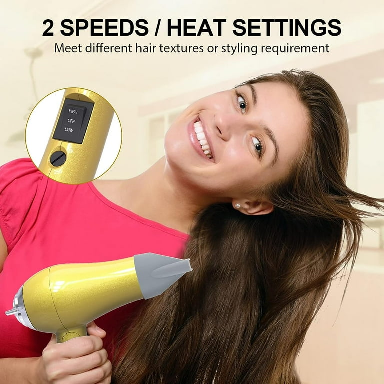 Travel Portable Foldable Hair Dryer Dual Voltage 125 250V with Two Concentrator Diffuser Nozzles Gold