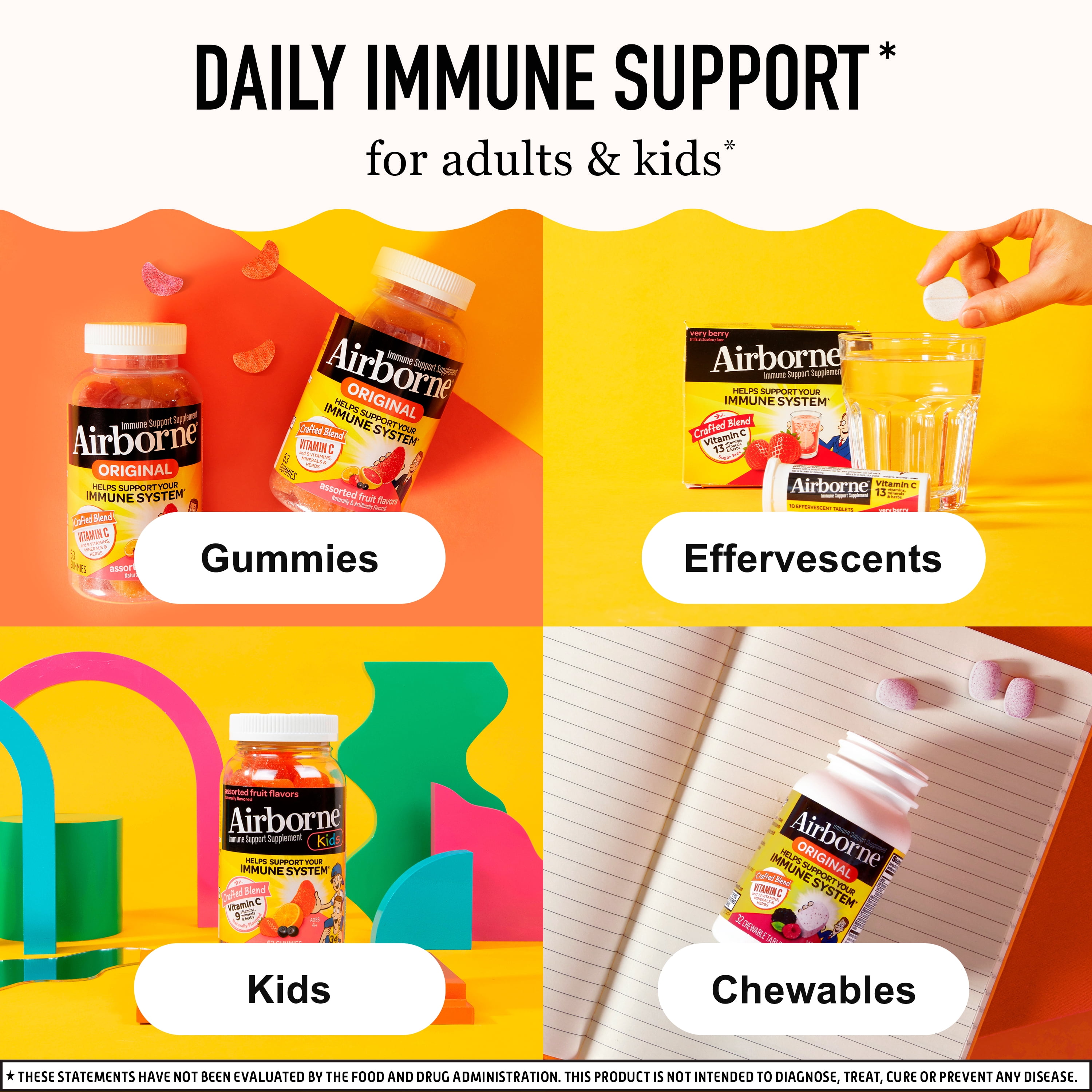 (3 pack) Airborne Immune Essentials Vitamin C Chewable Tablets, Multivitamin Immunity Support Supplement, Very Berry, 110 Count