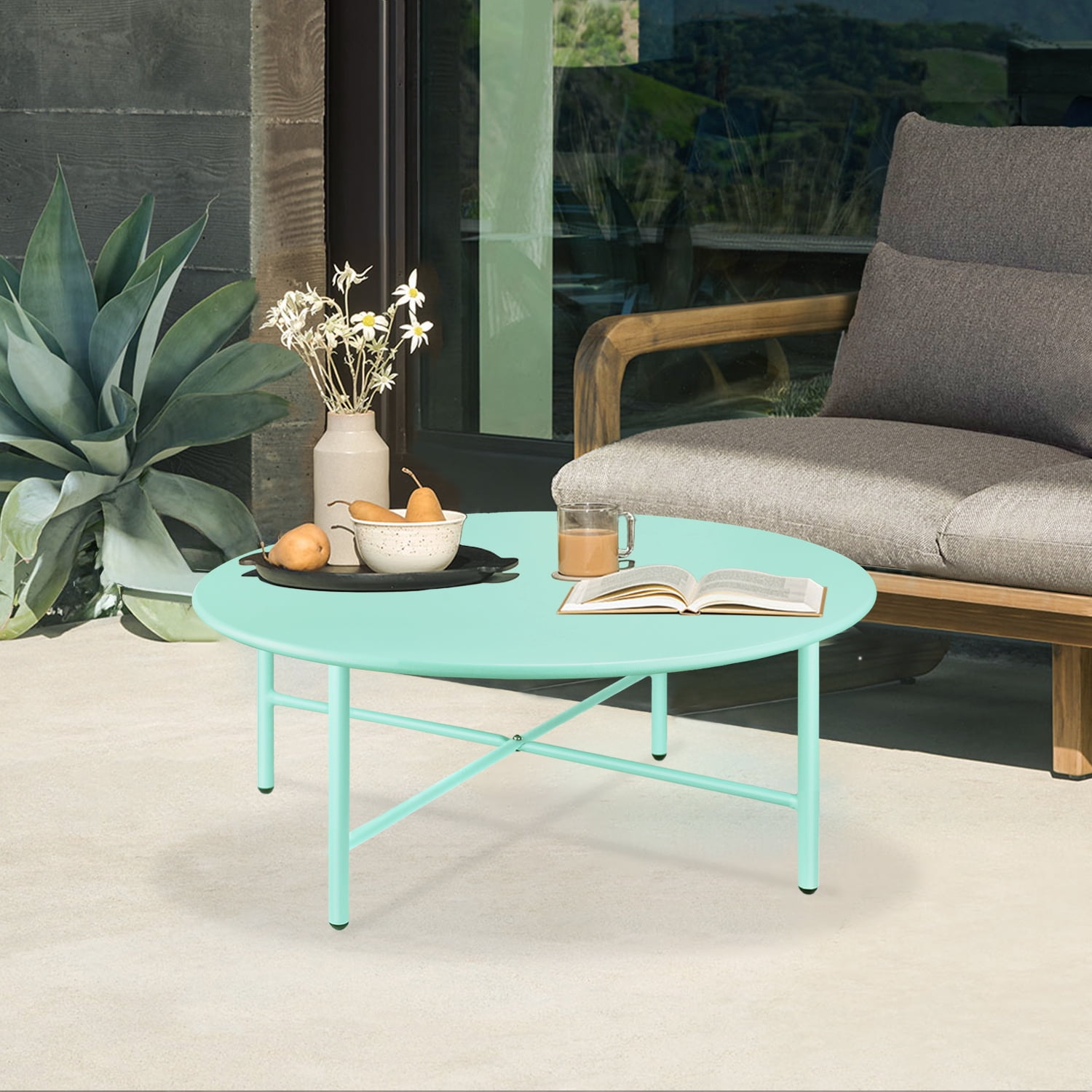 CERBIOR Patio Round Steel Coffee Table, Weather Resistant Anti-Rust and Waterproof Indoor and Outdoor Large Side Table, for Garden Living Room Bedroom Balcony (Mint Green)