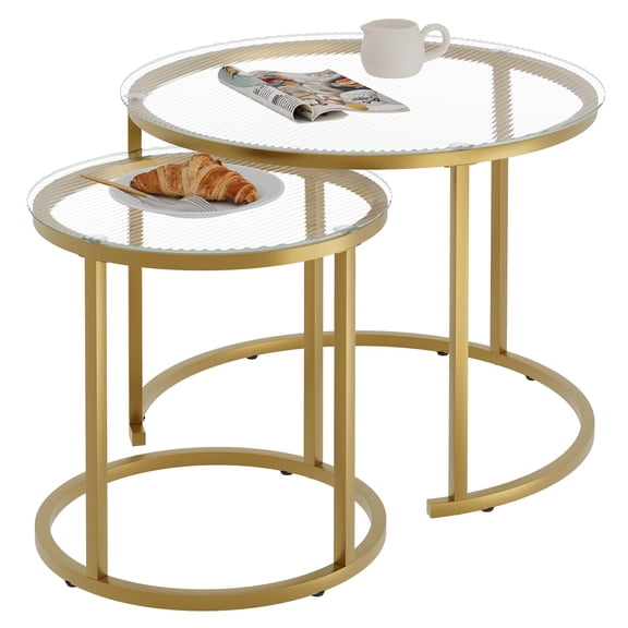 Nesting Coffee Table Set of 2, Small Round Glass Nesting Tables for Living Room Bedroom, Accent Tea Table with Gold Metal Frame Modern Industrial Simple