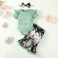 thumbnail image 2 of Kucnuzki Newborn Baby Girls Spring Outfits 6-12 Months Clothing Sets Summer Ruffle Short Sleeves Knit Top Letter Romper Top Floral Pants Flared Pants with Headband 3pcs Green, 2 of 7
