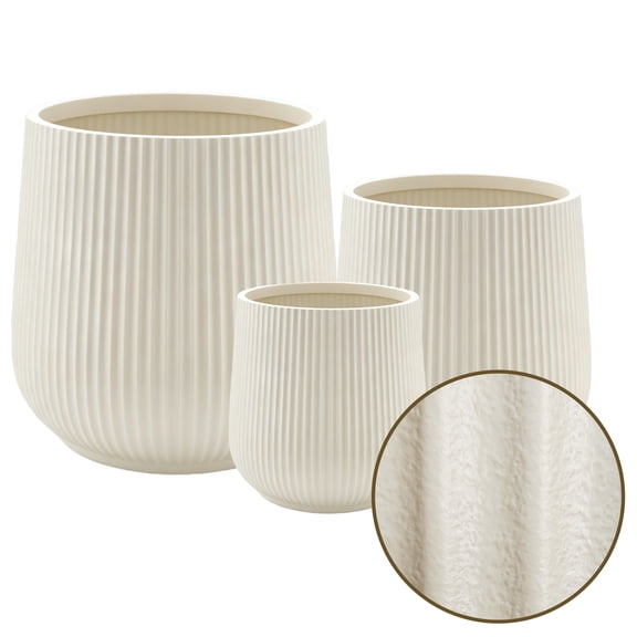 FOUKUS 8.9",11.4",14.6" Large Plastic Planter Pot Fluted Flower Pots Set of 3: Large Planters for Outdoor Plants with Drainage Holes & Plugs, Plastic Outdoor Planters for Porch & Patio, Beige