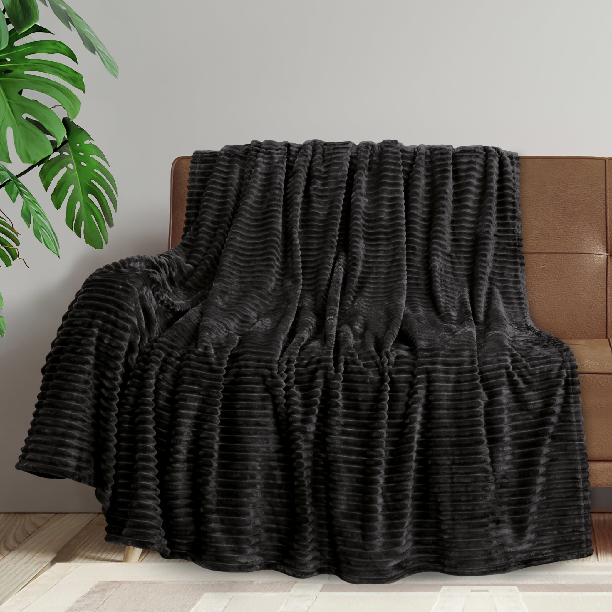 PAVILIA Soft Fleece Queen Bed Blanket Black, Large Fuzzy Plush Flannel Throw, Warm Cozy Ribbed Microfiber Blanket for Sofa Couch, Lightweight Striped Blanket, Black, 90x90