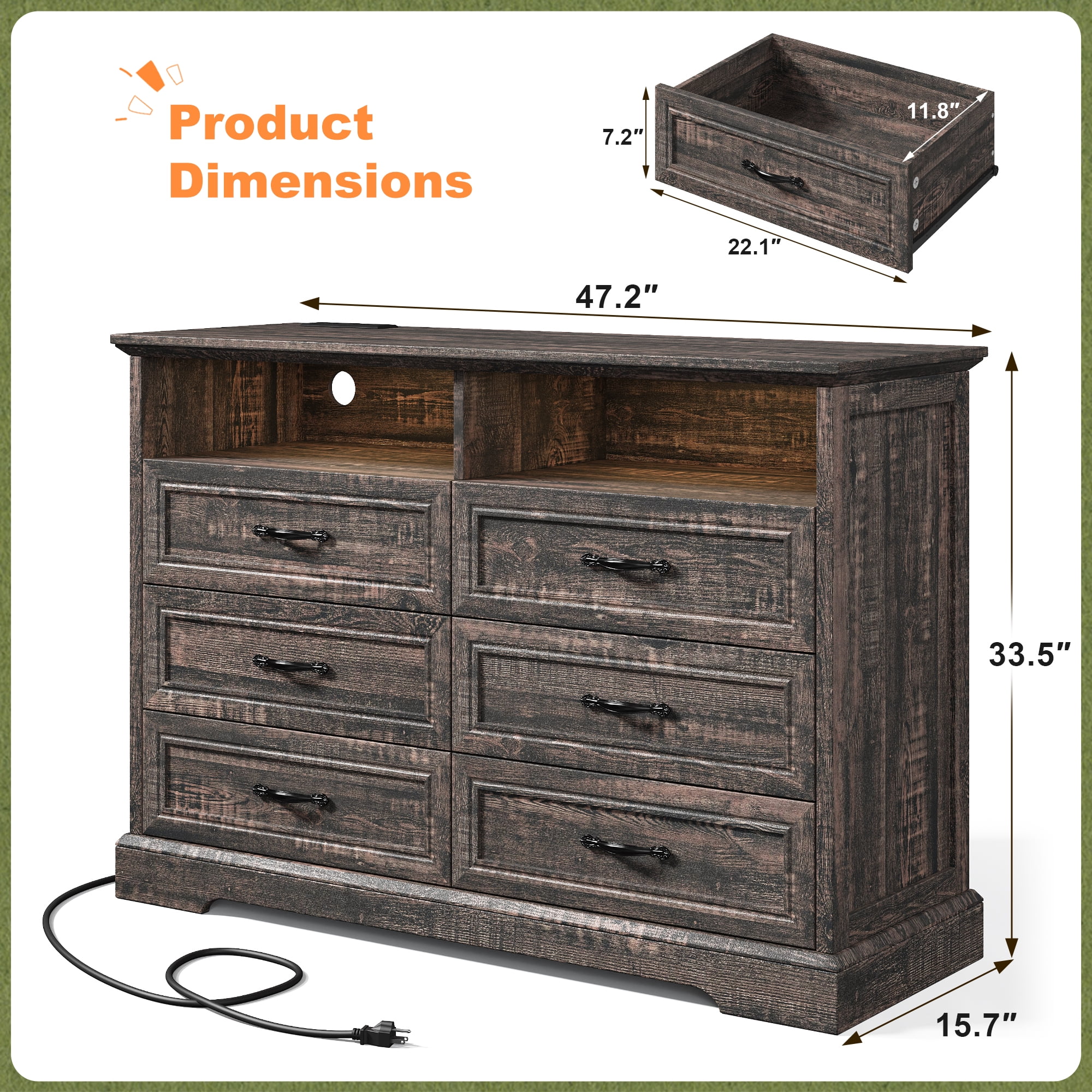 6 Drawer Dresser with LED Lights Chest of Drawers for Bedroom Farmhouse Dresser with Charging Station & Storage Shelf