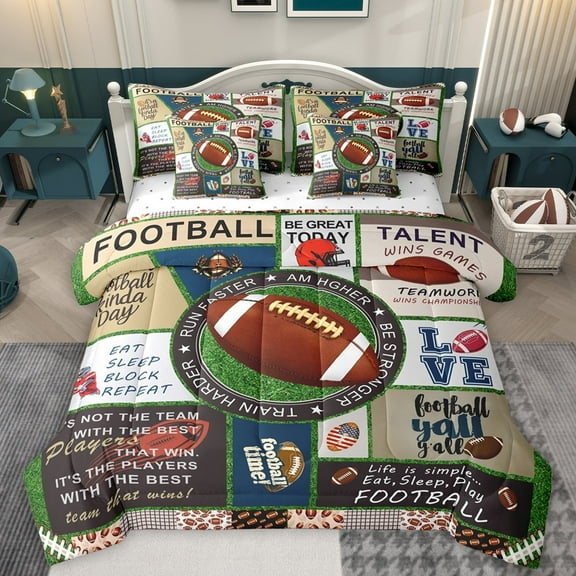 Homewish Rugby Sports Lover Twin Bedding Sets 7-Piece for Kids, Vintage Patchwork Bedding Comforter Set, Soccer Football Time Sheet Sets, Breathable Home Decor