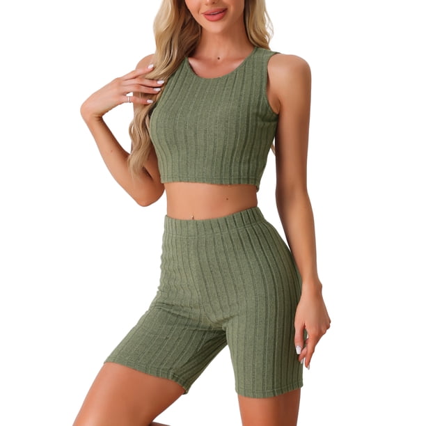 INSPIRAR CHIC Conjuntos de Pijamas de Mujer Sin Mangas, Top Corto de Punto Acanalado con Pantalones Cortos de Jogger Biker XS Verde Ejército