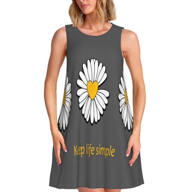 Disketp Keep Life Simple Daisy Flower para Vestido sin Mangas para Mujeres, Vestidos de Verano para Mujeres, Casual y Holgado para la Playa