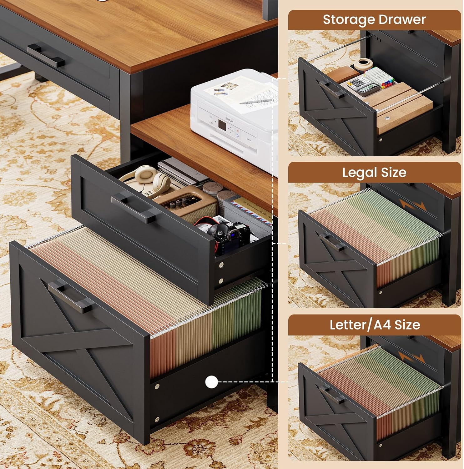 Farmhouse Desk with Power Outlets, 55" Computer Desk with Drawers & Monitor Stand, Corner Desk with Printer Stand & LED Lights, Black Desk Writing Desk Study Table for Small Space