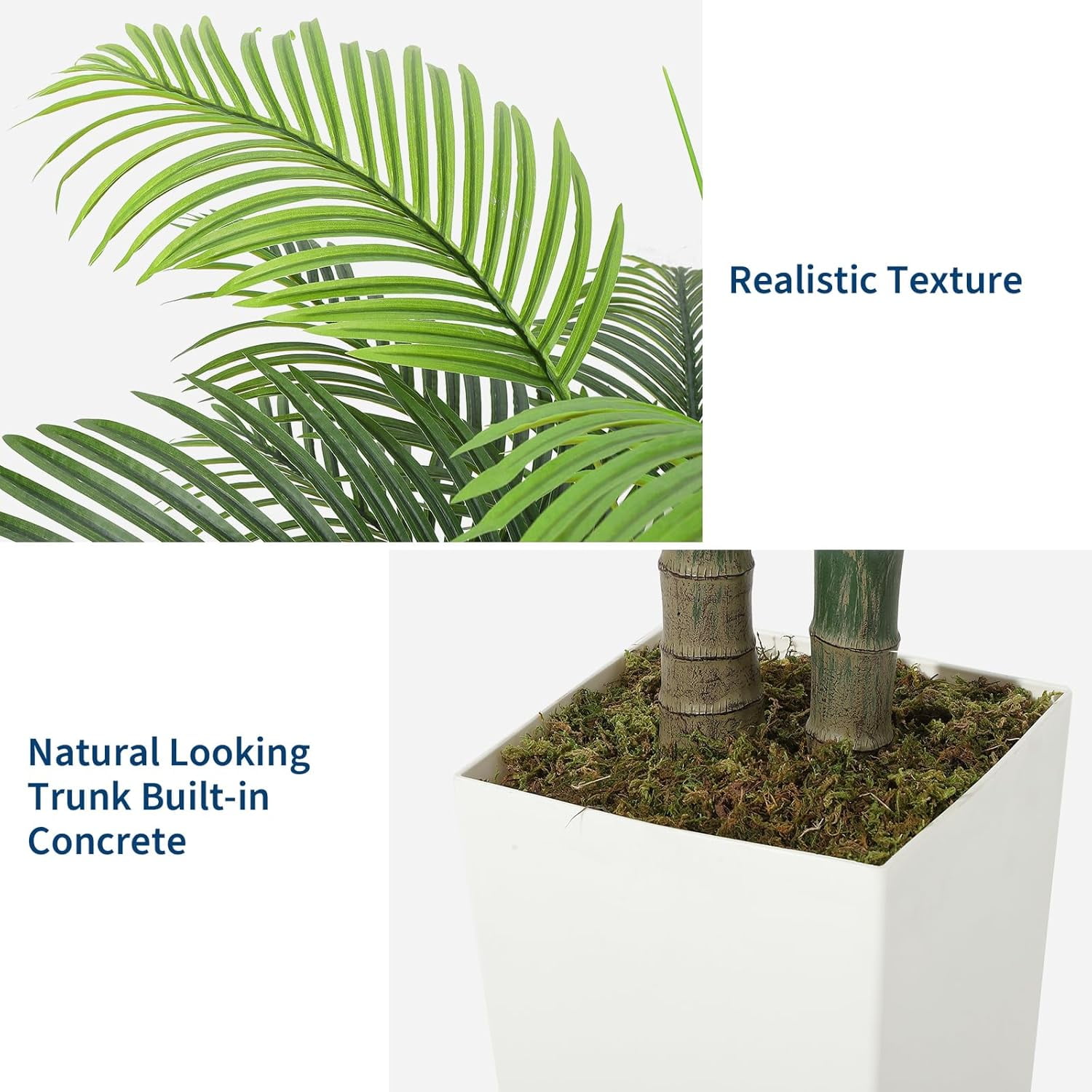 5FT Artificial Palm Tree Indoor Outdoor - 60 Inch Fake Silk Palm Plant with Realistic Fronds & 2 Trunks, White Tall Planter with Concrete Base & Faux Moss, Home Decor for Living Room, Office, Hotel