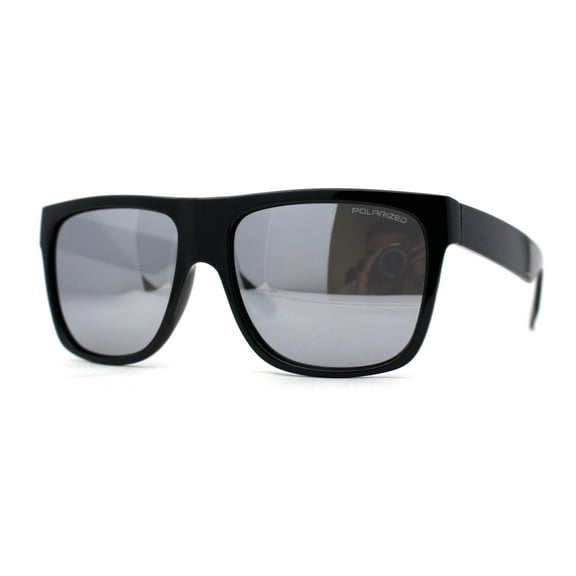 Polarized Mens Classic Sport Flat Top Horn Rim Large Sunglasses Black Silver Mirror