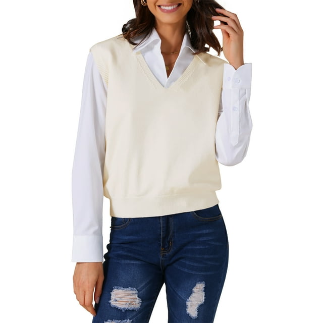 Chaleco de suéter sin mangas de mujer INSPIRE CHIC, cuello en V, clásico, tejido de punto, parte superior S color beige