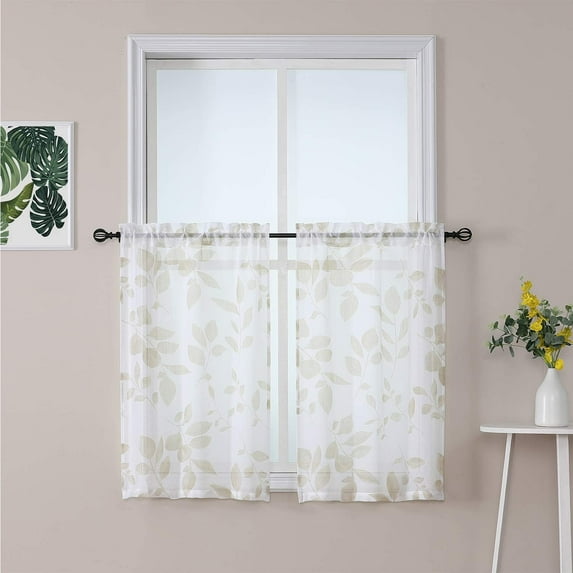 Zzistar Leaf Printed Voile Sheer Rod Pocket Window Tier Curtains, Taupe