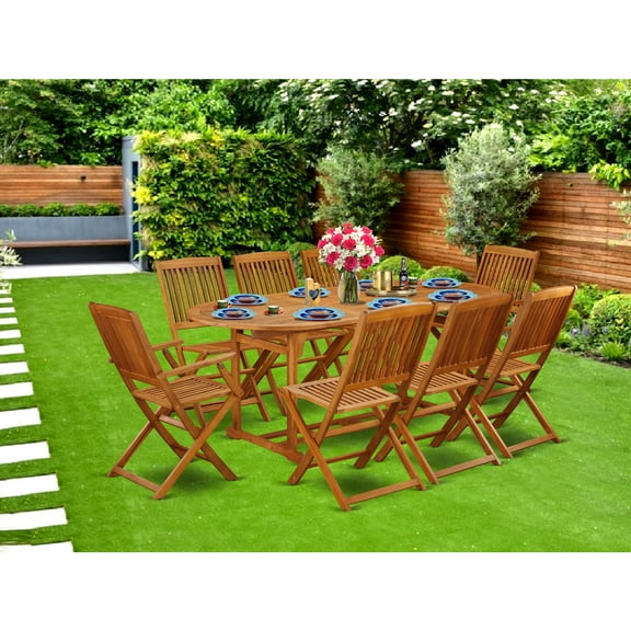 Patio Dining Set 9 Piece Acacia Outdoor Furniture Set Table & 8 Chairs