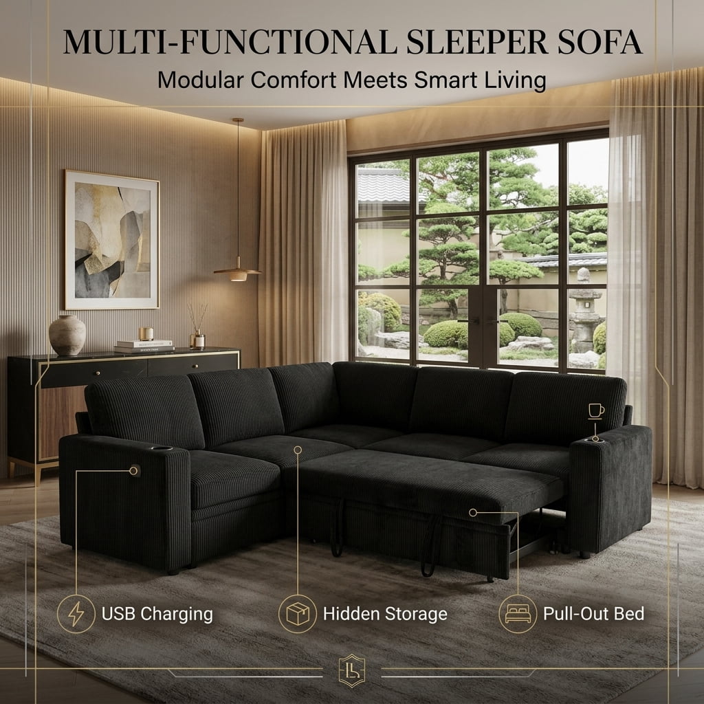 84" Modern Reversible Sectional Sleeper Sofa with Pull-Out Bed, Storage Chaise, USB Ports & Cup Holders