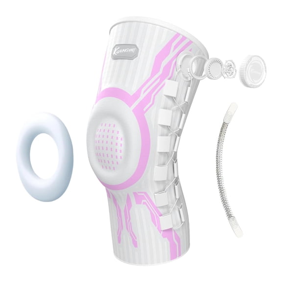 Kuangmi Adjustable Knee Joint Bracket with Patented Knob - Spring Stabilizer, Used to Relieve Knee Pain, Arthritis, and Exercise Recovery (Pink White Left M Single)