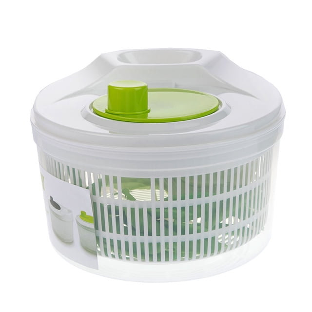 centrifugadora de ensalada lechuga, escurridora de verdura y secadora de lechuga tipo salad spinner con colador integrado, funcionamiento giratorio, (blanco) Centrado, vista frontal de una centrifugadora blanca con tapa plana y perilla giratoria verde; cuenco exterior transparente con cesta interior ranurada que funciona como colador, boquilla de drenado en la tapa y mecanismo de manivela visible, sobre fondo neutro; ideal para secar lechuga, repollo y frutas y también adecuada para escurrir pasta ligera.