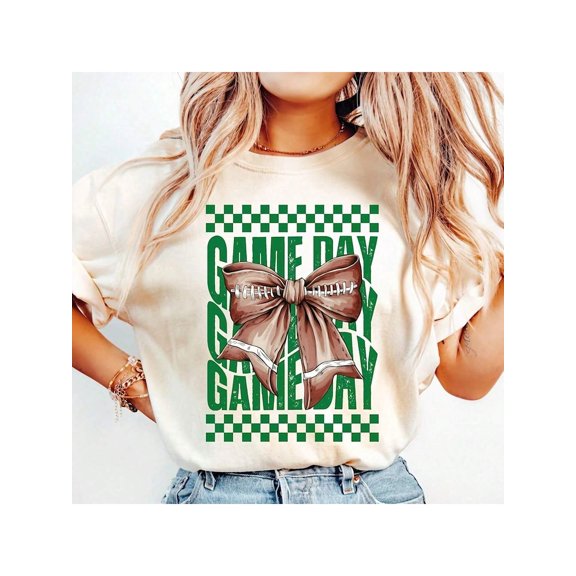 Game Day Football Shirt, Team Mascot, , Gameday , Green Coquette Bow Shirt, Girly , Football Mom, Tea T-Shirt.Jpg