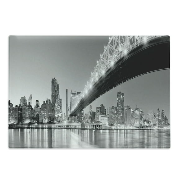 NYC Cutting Board, Queensboro Bridge over East River at Night with Manhattan Skyline Black and White Photo, Decorative Tempered Glass Cutting and Serving Board, in 3 Sizes, by Ambesonne