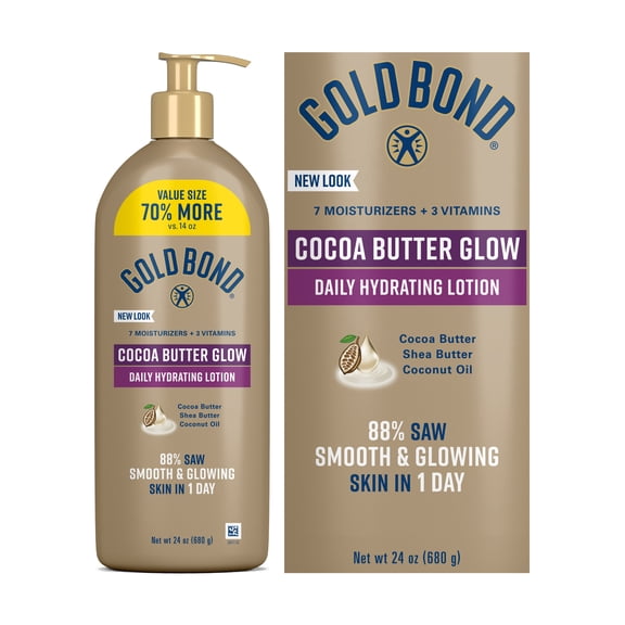Gold Bond Cocoa Butter Glow Daily Hydrating Lotion with Cocoa Shea Butter & Coconut Oil, Exfoliating and Moisturizing Lotion for Dry Skin, 24 oz