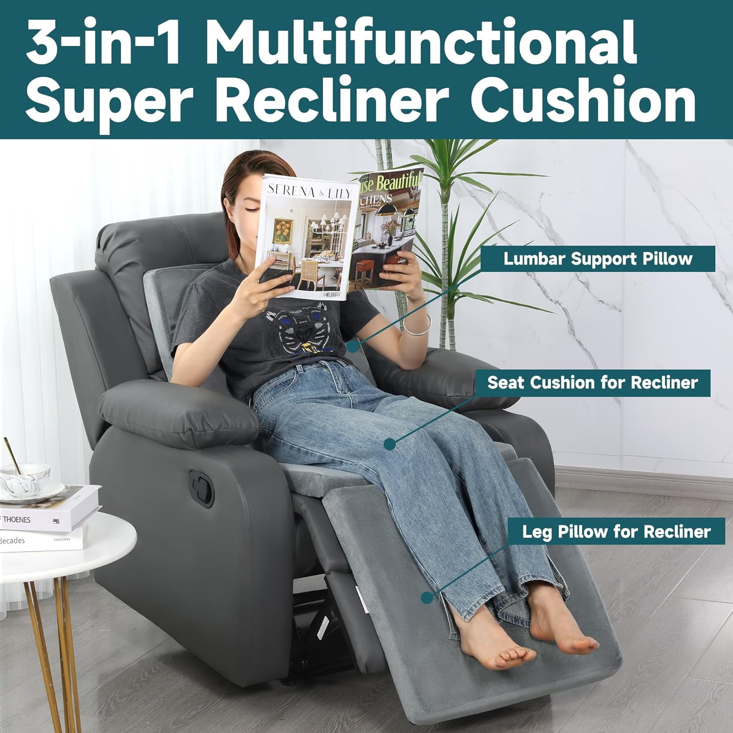 3-in-1 Recliner Seat Cushion with Lumbar Support Pillow & Footrest, Multi-Functional Adjustable Height 2" to 6" for You to Choose, Non-Slip Foam Chair Cushion for Elderly, Light Grey