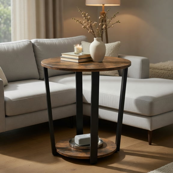 YYAo Dining Table,Side Table,Nightstand,2-tier Round End Table with Storage Shelf and Metal Frame-Brown