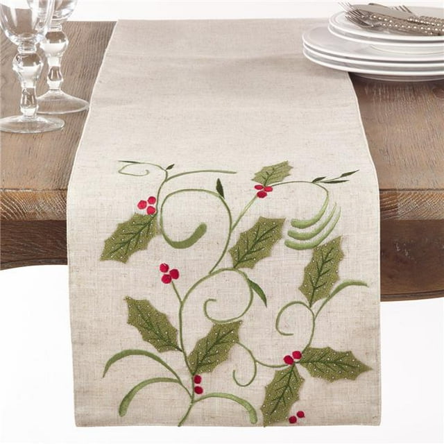 Saro Lifestyle 5320.N1372B 13 x 72 in. Rectangular Holly Leaf Applique Table Runner - Natural