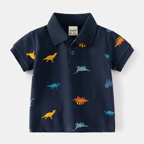 Universal Short Sleeved Cartoon Dinosaur Printed Polo Top for Boys and Girls, Made of Pure Cotton and Breathable, Suitable for Summer Casual Daily Wear Navy 100