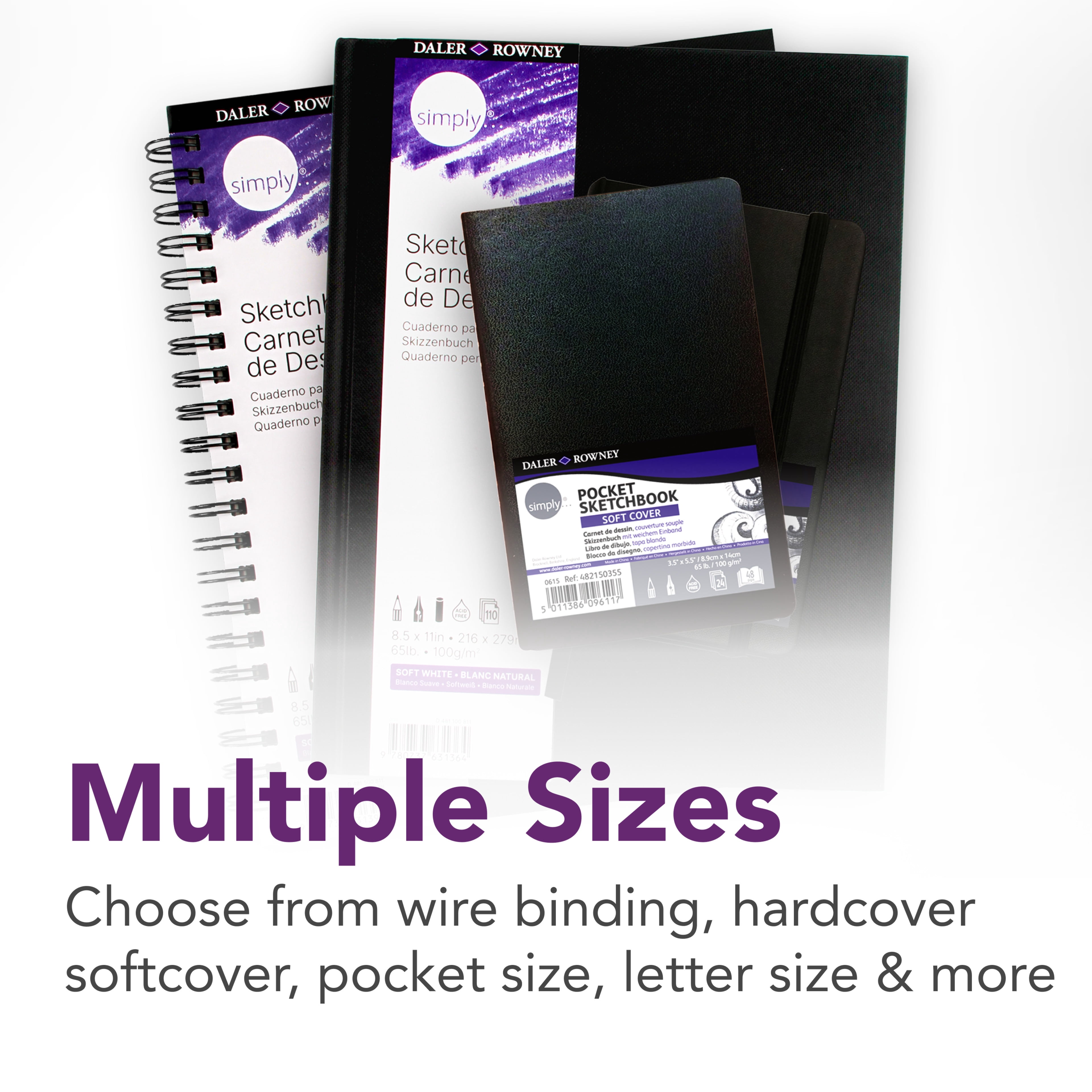 (3 pack) Daler-Rowney Simply... Sketchbook, Soft White Pages, (65lb/100g), Black Hardcover Binding, 110 Sheet, 8.5" x 11"