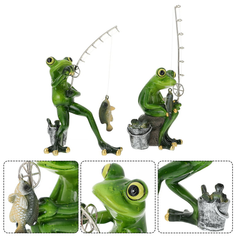 2pcs Fishing Frog Ornament Outdoor Garden Frog Decor Resin Frog Figurine