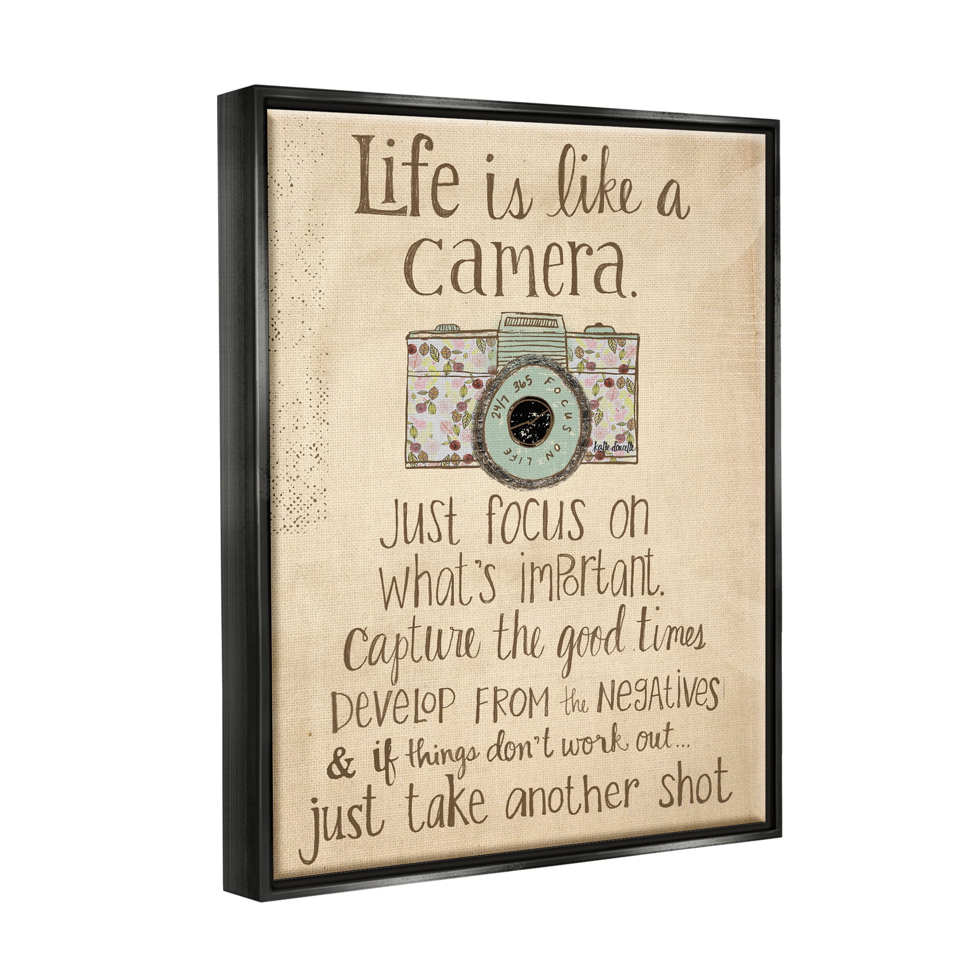Stupell Industries Life Is Like A Camera Inspirational Jet Black Framed Floating Canvas Wall Art, 24x30, by Katie Doucette