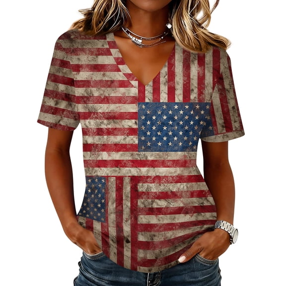 Dweltoz Women's American 250th Anniversary T-Shirt 4th Of July Patriotic Design Shirt V Neck Short-Sleeved American Flag Red White and Blue Independence Day Clothes,Watermelon Red XL