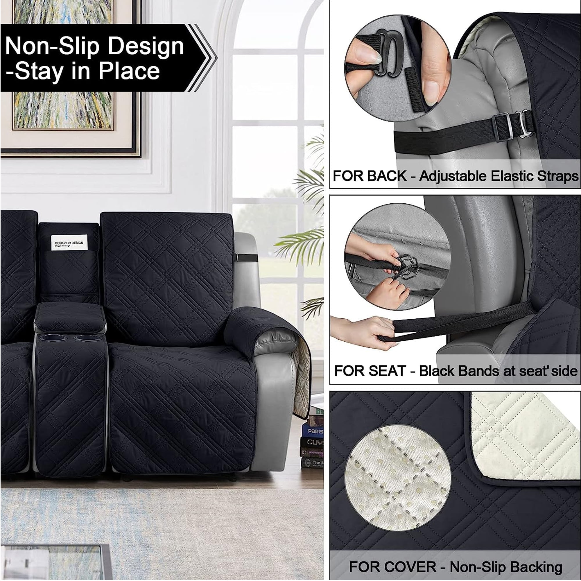 TAOCOCO Waterproof Loveseat Recliner Cover with Console, Non-Slip Pet Slipcover for Dual Loveseat Recliner Split Reclining Loveseat Cover,Black