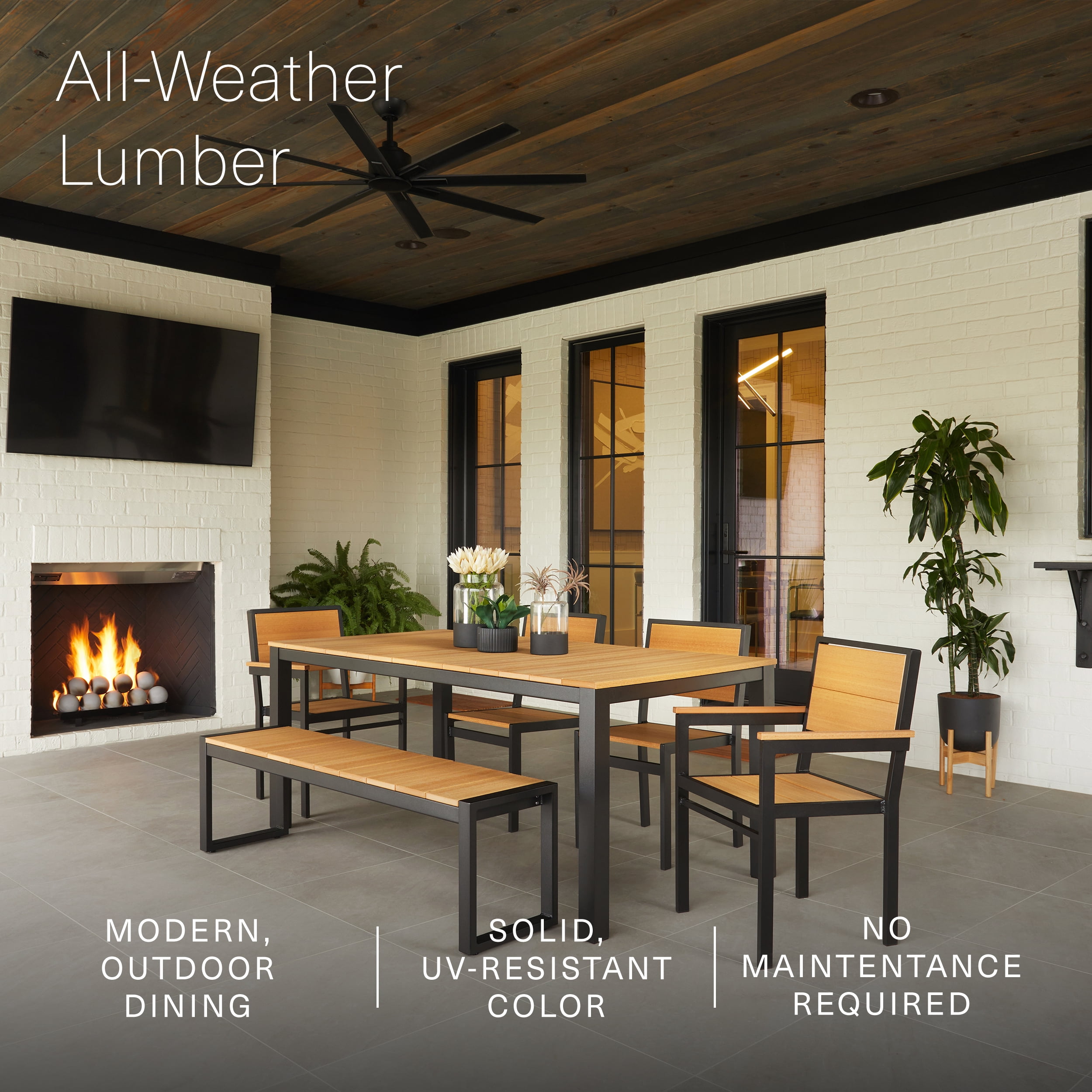 DuroGreen Park City 72" Rectangular 6-Pc Outdoor Dining Set, 1 Table/1 Bench/4 Chairs Made with All-Weather Tangent Sustainable Lumber, High End Patio Furniture, Black with Natural Teak