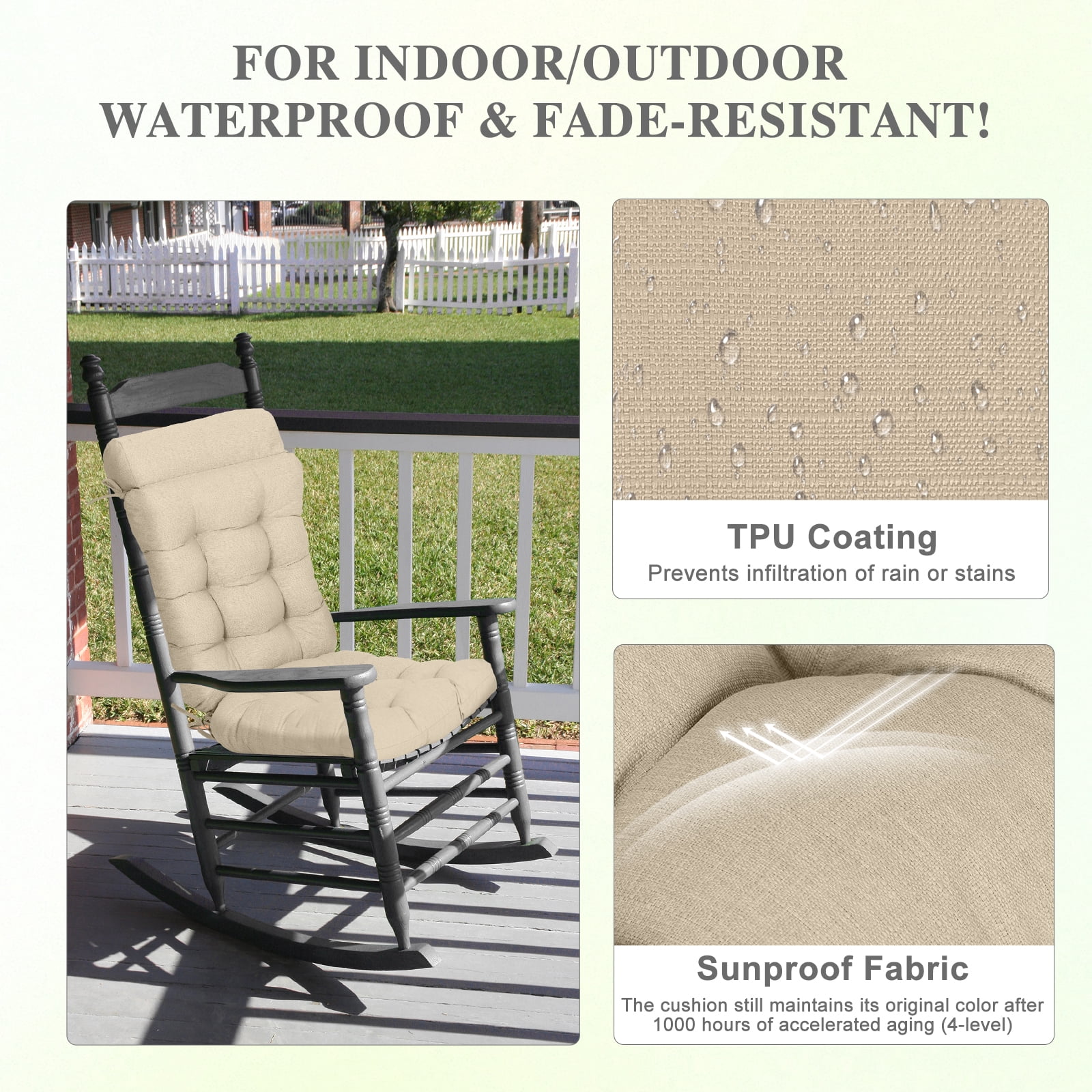 BPS Outdoor Patio Rocking Chair Cushion, Water- & Fade-Resistant High Back Cushions, Tufted Pads with Ties, Set of 2, Light Brown