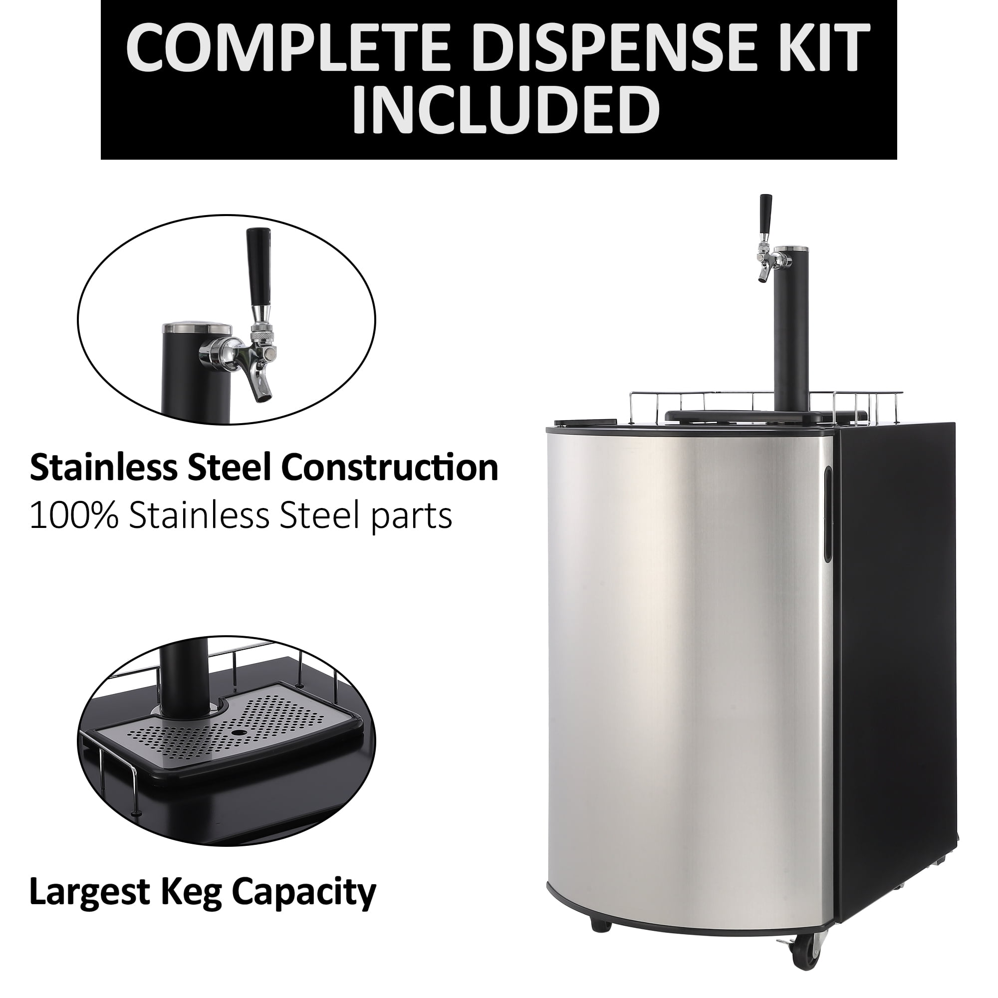 Beer Kegerator, Single Tap Draft Beer Dispenser, Full Size Keg Refrigerator With Shelves, Stainless Steel, Drip Tray & Ra il