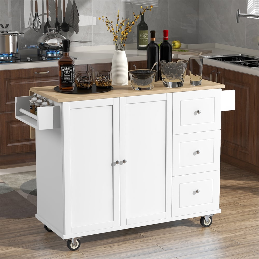 Kitchen Island Cart with Drop-Leaf Tabletop and Locking Wheels, 52.7" Large Kitchen Trolley Cart with 2 Door Cabinet and 3 Storage Drawers, Spice Rack Towel Rack, Rolling Kitchen Island Cart, White