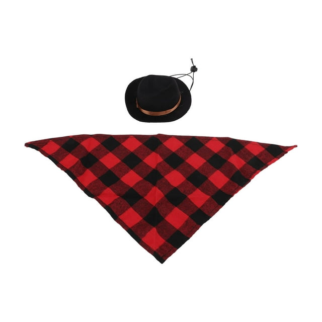 Pet Cowboy Costume Set, Stylish Polyester Material Cat Cowboy Hat Triangular Scarf For Holiday Props For Cowboy Hat Dress Up Brown+Red Grid,Brown+Green Grid,Black+Red Grid,Black+