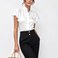 thumbnail image 3 of Uootdi Work Tops for Women Stand Collar Flutter Short Sleeve Button Front Plain Satin Womens Shirts Straight Fit Business Casual Silky Summer Blouses for Women, 3 of 5