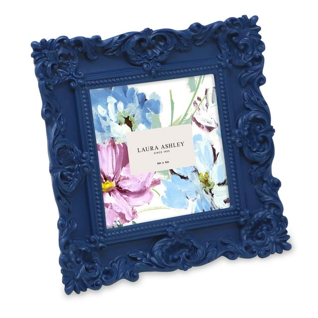 Marco de fotos Laura Ashley de resina adornado con flores, 10 x 10 cm, azul marino