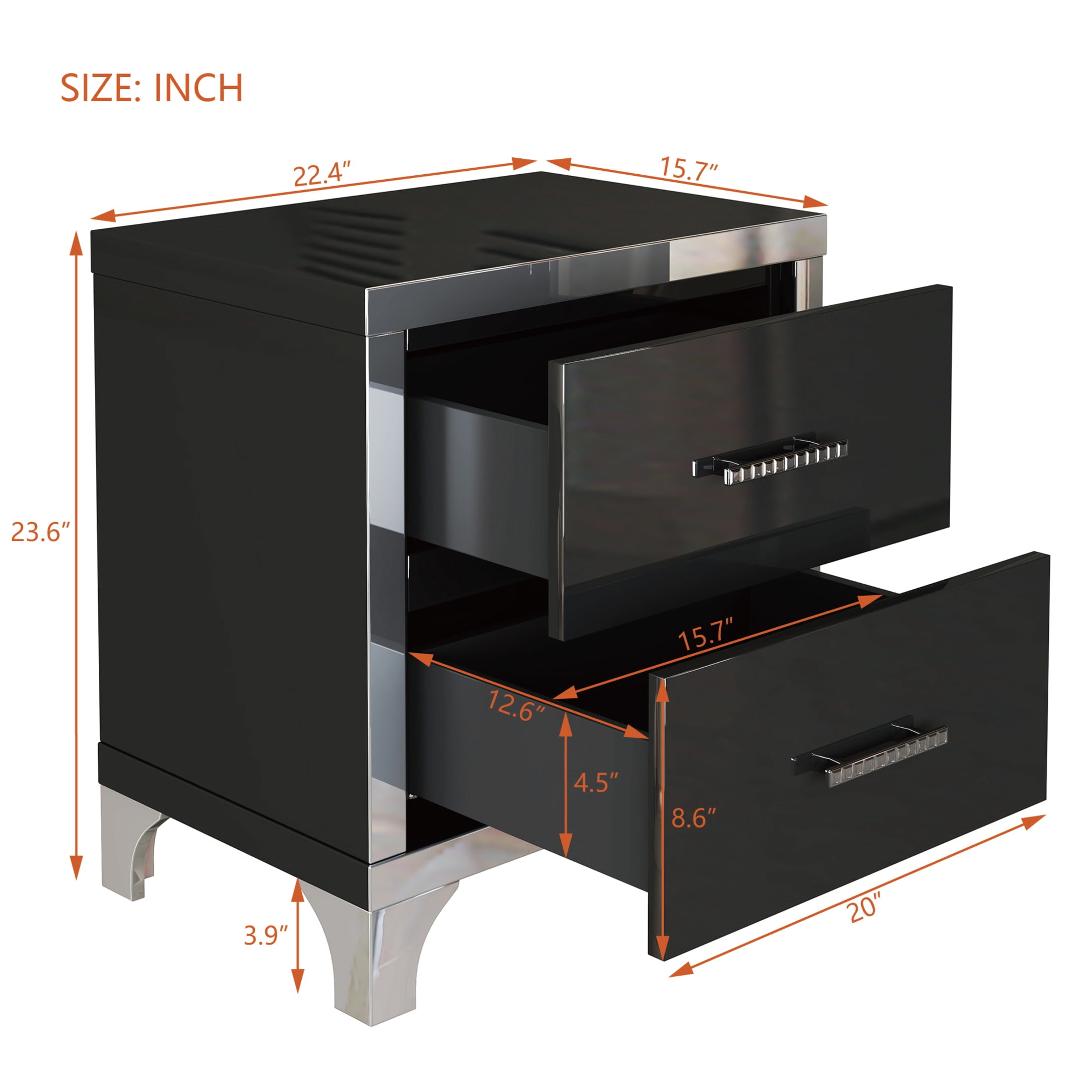 Noble House High Gloss Nightstand with 2 Drawers, Mirrored Bedside Table with Metal Handles, Black