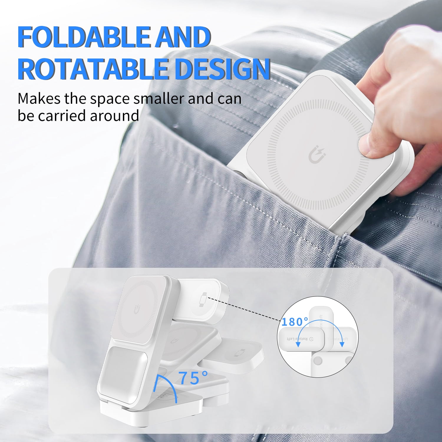 15w Foldable 3-in-1 Wireless Charger Stand for Apple Magsafe Stand for iPhone 16pro Watch Ultra2 (white)
