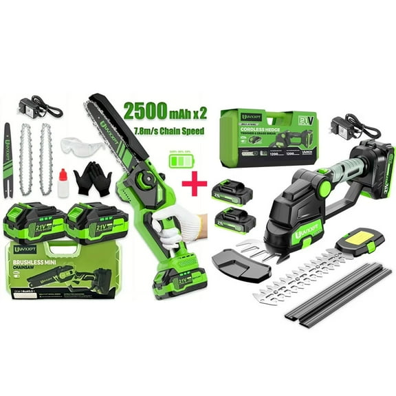 TokScreen 8 Inch Cordless Electric Chainsaw 2 Battery with SK5 Steel 6"/8" 21 Volts Cordless Hedge Trimmer