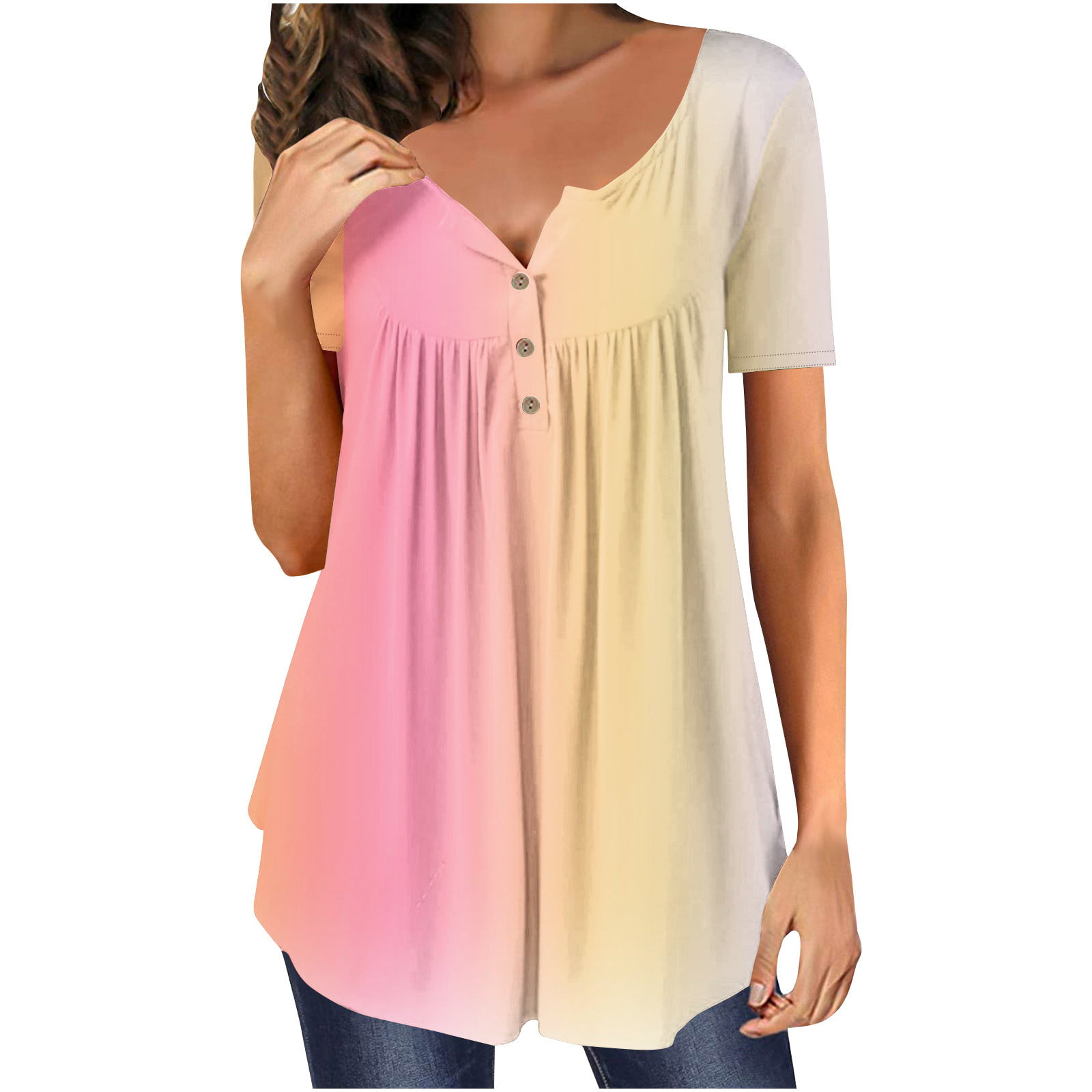 JWZUY Women Henley Button Up Tops Flowy Tummy Control Blouse V Neck Short  Sleeve Shirts Gradient Tunic Summer Tees Casual Comfy Tshirts Yellow XL