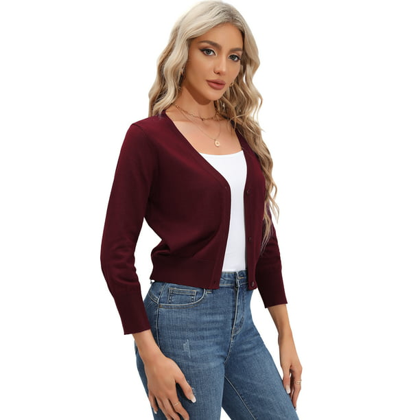 Kojooin Women Classic 3/4 Sleeve Knit Cardigan Casual Open Front Button  Down V Neck Cropped Shrug Sweater - Walmart.com