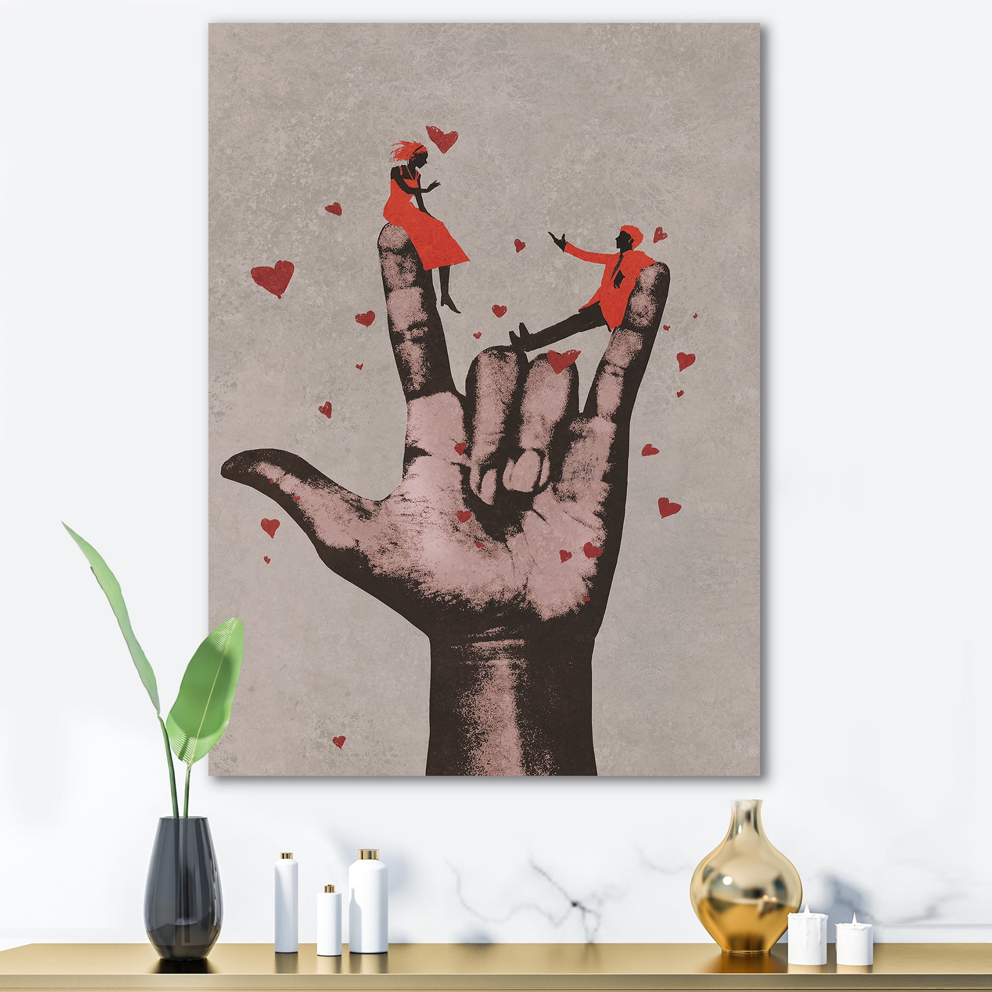 Designart ' I Love You Hand Sign With Romantic Couple ' Modern Canvas Wall Art Print