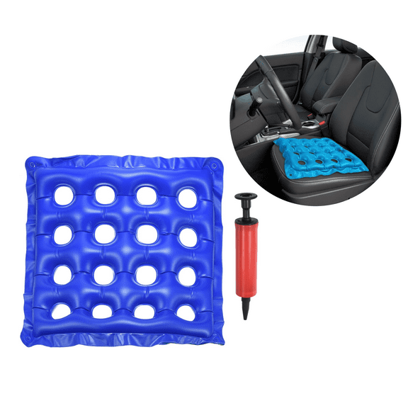 Blue Inflatable Chair Cushion,Portable Seat Cushion,Square Breathable Cushion with Red Air Pump,Waterproof Plastic Cushion,for Wheelchair Car Airplane Home Office (16-Hole)